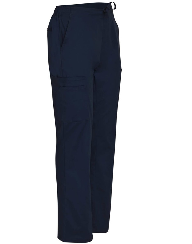 Men's solid navy scrub pants with pockets and a drawstring waistband, featuring a logo.