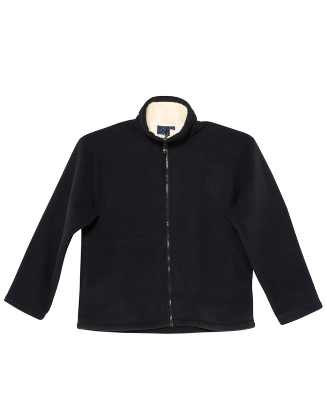 A black polar fleece jacket featuring a front zip and a high neck, designed for men. It has a logo on the inner label.