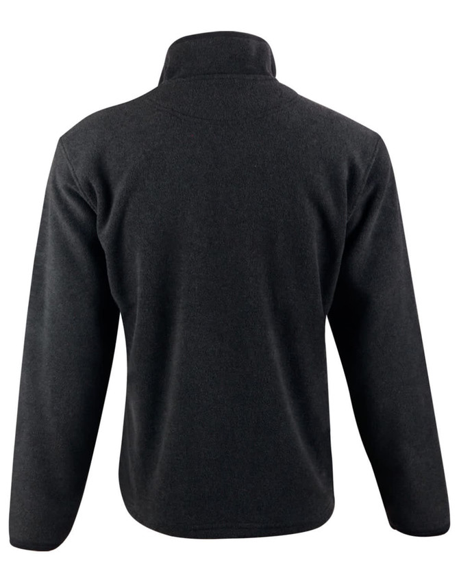 A black half zip polar fleece pullover with a high collar and long sleeves, featuring a logo.