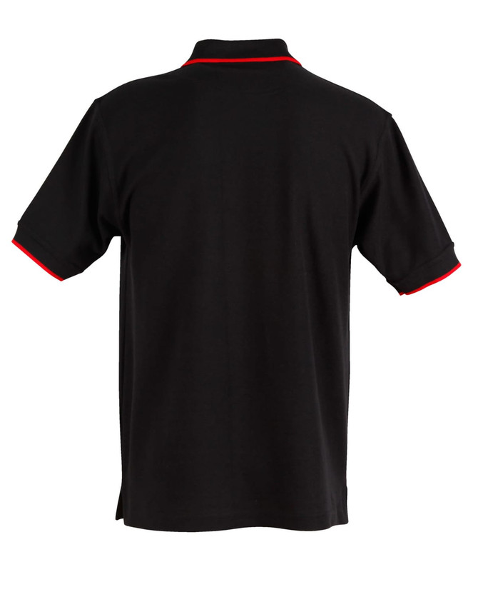 A black polo shirt with red detailing, featuring a collar and short sleeves. It has a branding logo.