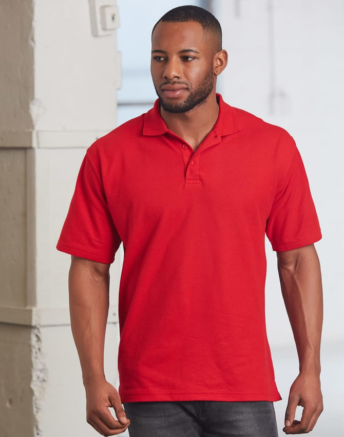 A red unisex traditional polo shirt displayed on a model, featuring a branding logo.