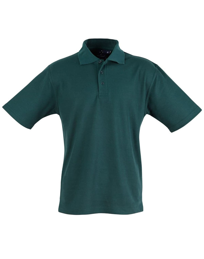 A green children's polo shirt with a classic collar and short sleeves, featuring a logo.
