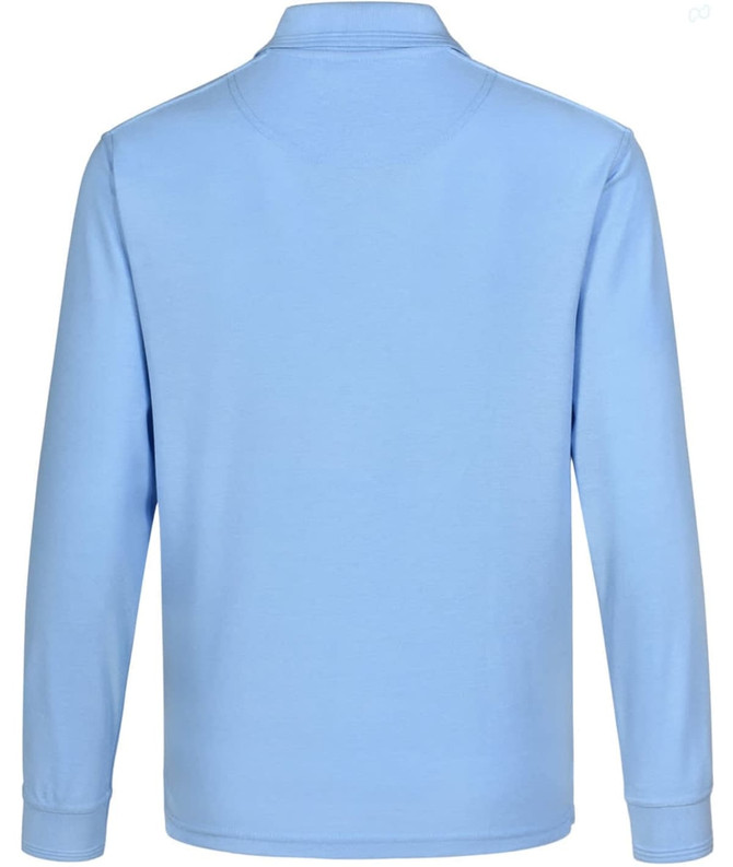 A blue unisex long sleeve polo shirt with a collar and a logo on the back.