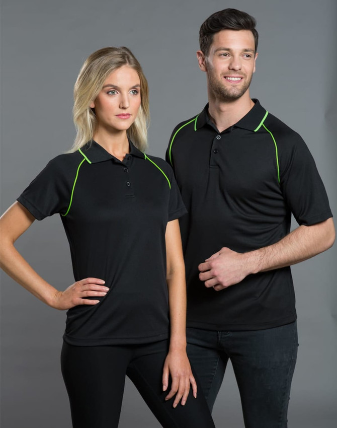 A black polo shirt for ladies with green accents, featuring a collar and short sleeves. Includes a logo.