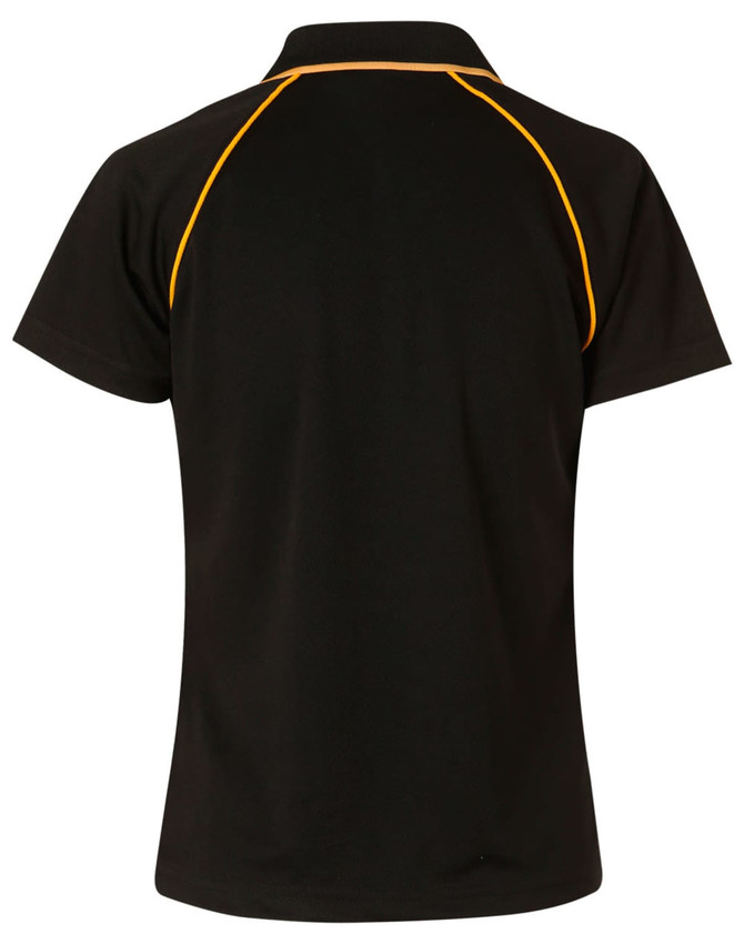 A black polo shirt with yellow accents and a logo on the back.