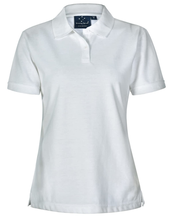 A white ladies' polo shirt with a collar and short sleeves, featuring a logo on the chest.