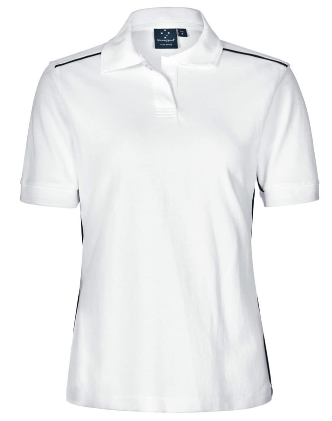 A white polo shirt with short sleeves, featuring a logo and contrasting black side panels.