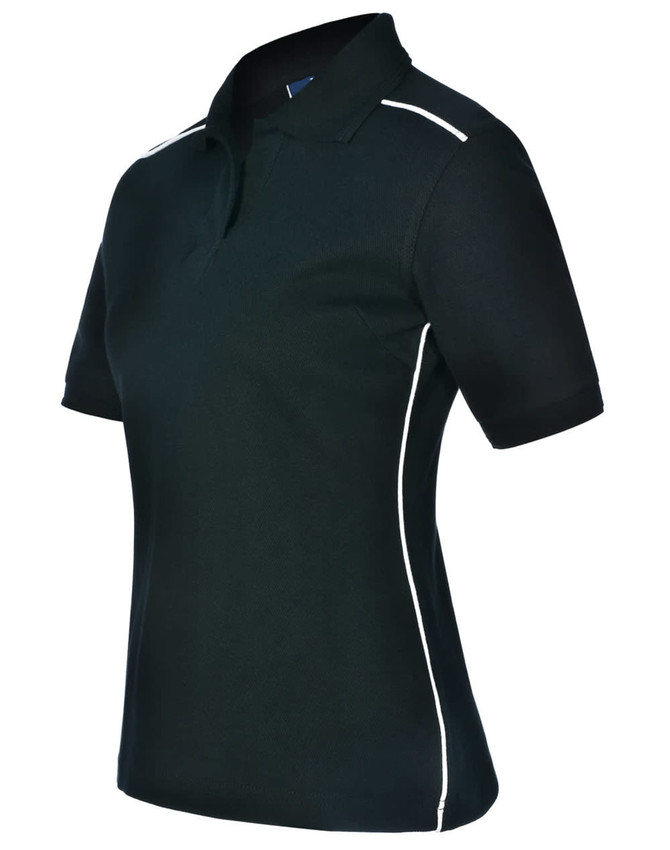 A ladies' polo shirt in black with white contrast piping and a classic collar. It features short sleeves and a logo.