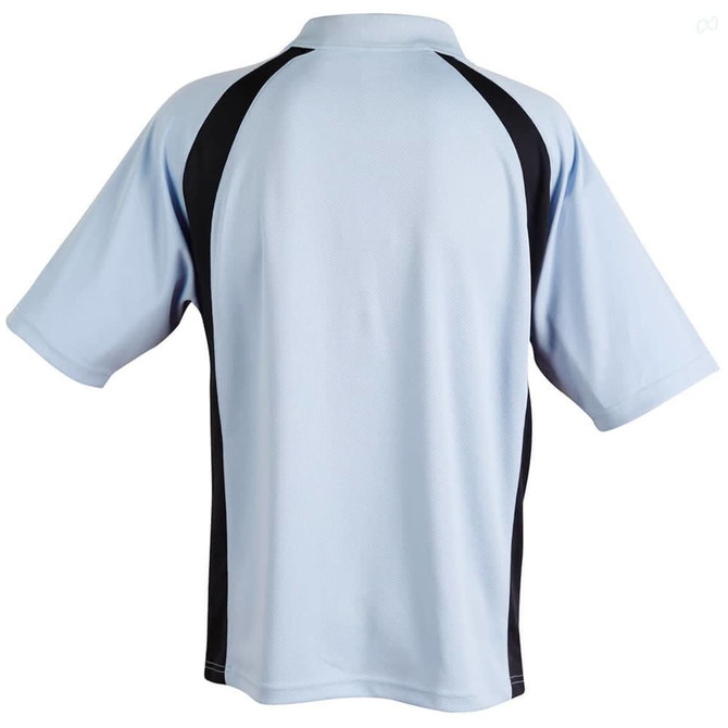 A men's polo shirt in light blue with black side panels and a collar, featuring a logo on the back.