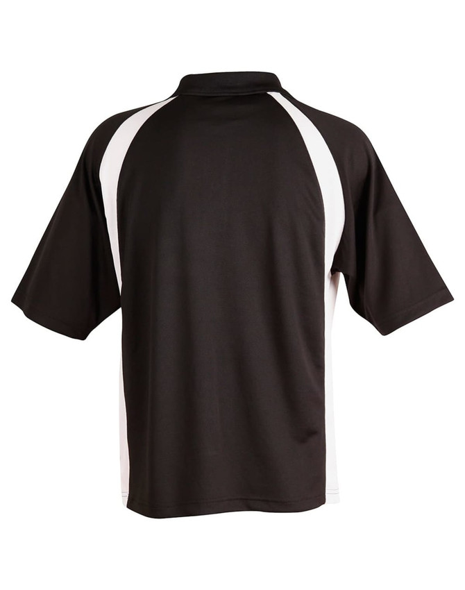 A black and white men's polo shirt with short sleeves and a collar, featuring a logo on the front.