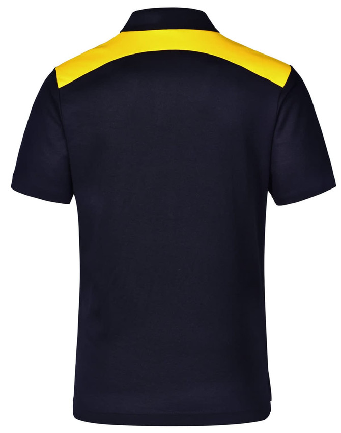 A navy polo shirt featuring a yellow collar and shoulder detailing, with a logo on the back.
