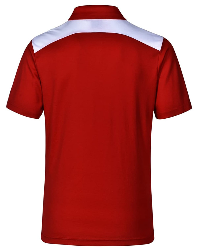 A red men's polo shirt with white accents on the shoulder and a logo on the back.