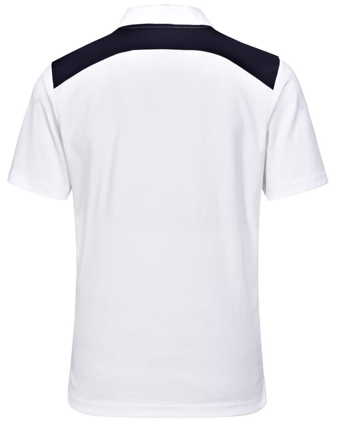 A white men's polo shirt featuring a navy back panel and a logo on the rear.