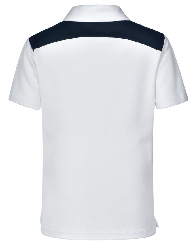 A white children's polo shirt with a navy back panel, featuring a collar and short sleeves. It has a logo.