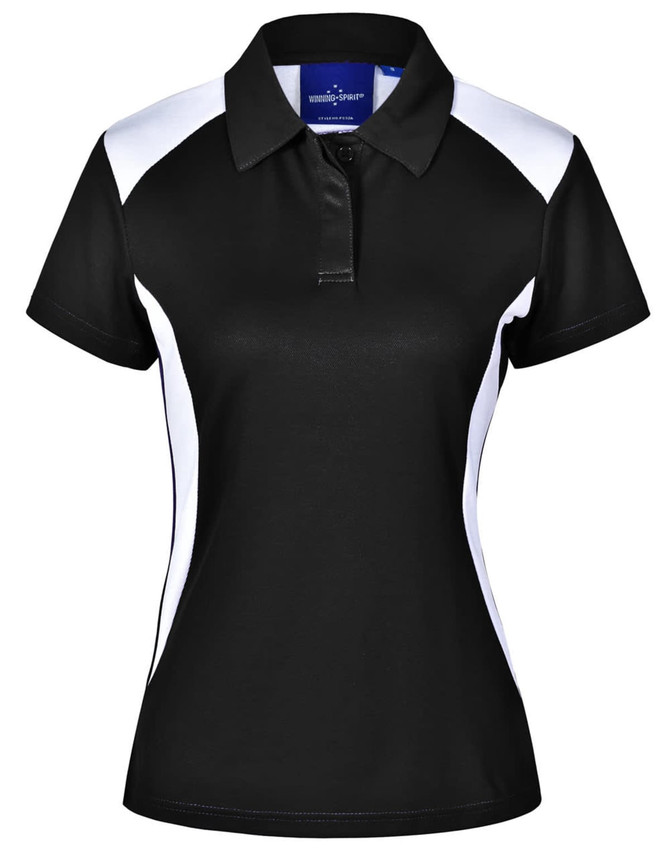 A black polo shirt with white side panels, featuring a collar and a logo on the upper part.