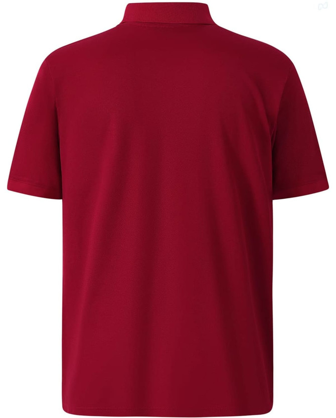 A red men's polo shirt featuring a collar and short sleeves, with a logo on the back.