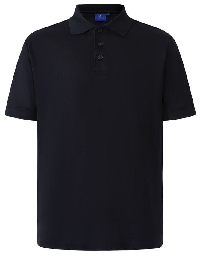 A navy blue men's polo shirt with a collar and short sleeves, featuring a logo.