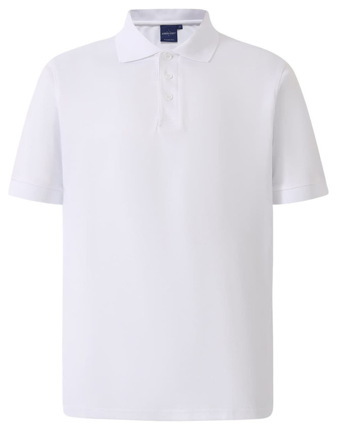 A white men's polo shirt featuring a collar and short sleeves, with a brand logo on the neckline.