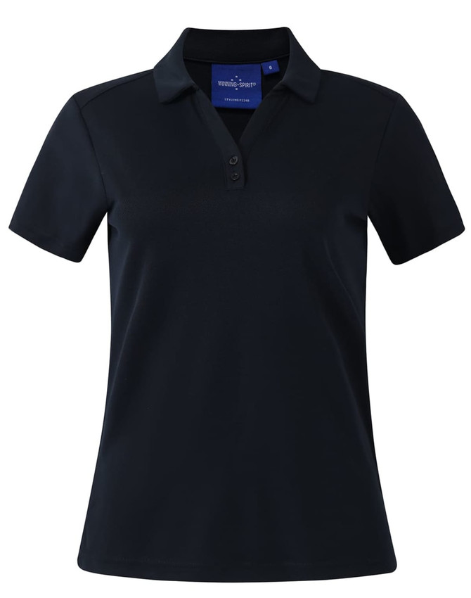 A black short sleeve polo shirt with a collar and three buttons, featuring a logo on the chest.