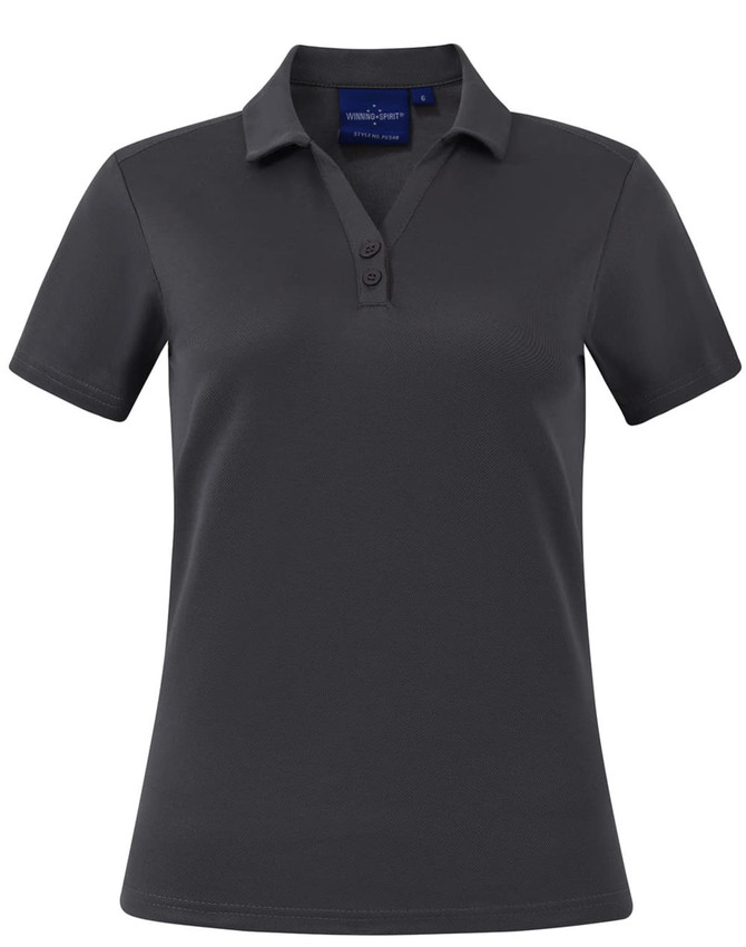 A grey short sleeve polo with a collar and three buttons, featuring a logo on the front.