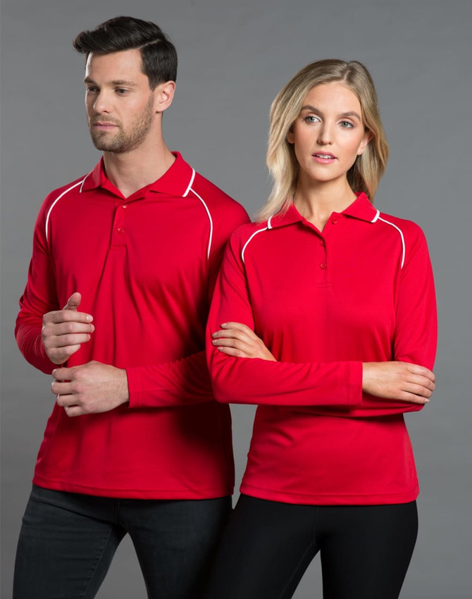 A red long-sleeve polo shirt featuring raglan sleeves, modeled by a man and woman. The shirt has a logo.