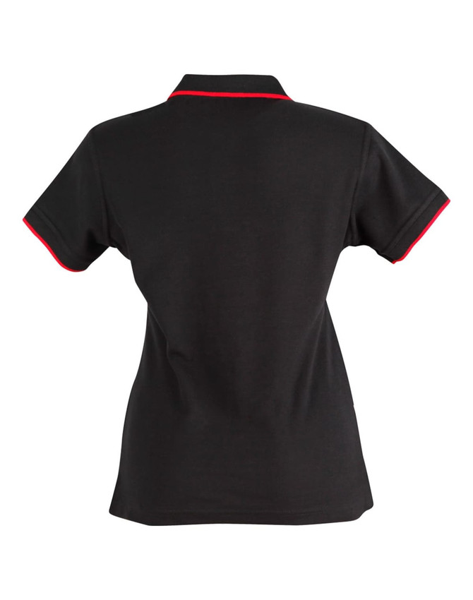 A black ladies' polo shirt with a red collar trim and a logo on the back.
