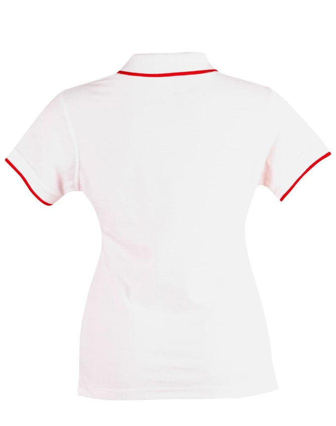 A white ladies' polo shirt featuring red trim on the collar and sleeves, with a logo on the side.