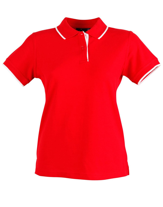 A red ladies' polo shirt with a collar and white trim, featuring a small logo on the chest.