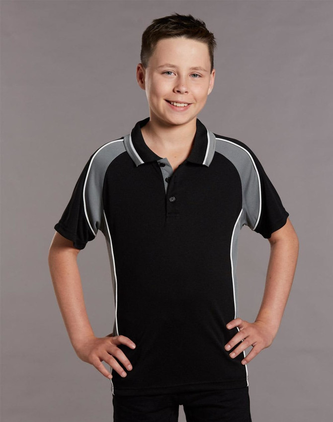 A black kids' polo shirt with grey accents and a logo, featuring a short collar and short sleeves.