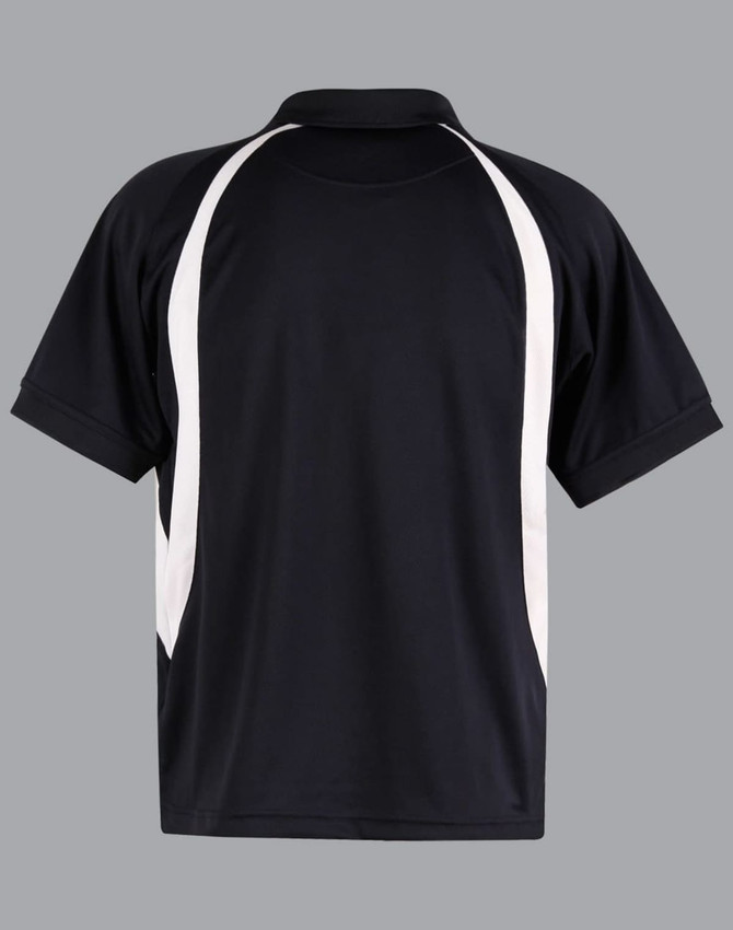 A black polo shirt with white accents and a logo. It features a classic collar and short sleeves.
