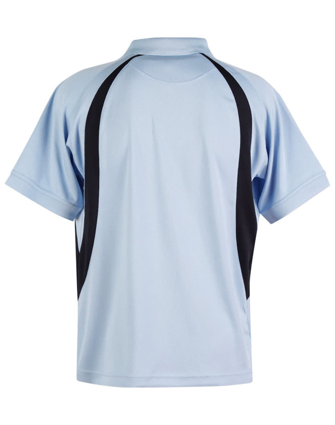 A light blue polo shirt with black side panels and a collar. Features a logo on the design.