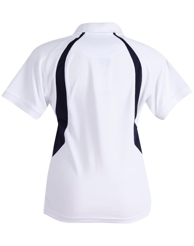 A white polo shirt with black side panels and a collar, featuring a logo on the back.
