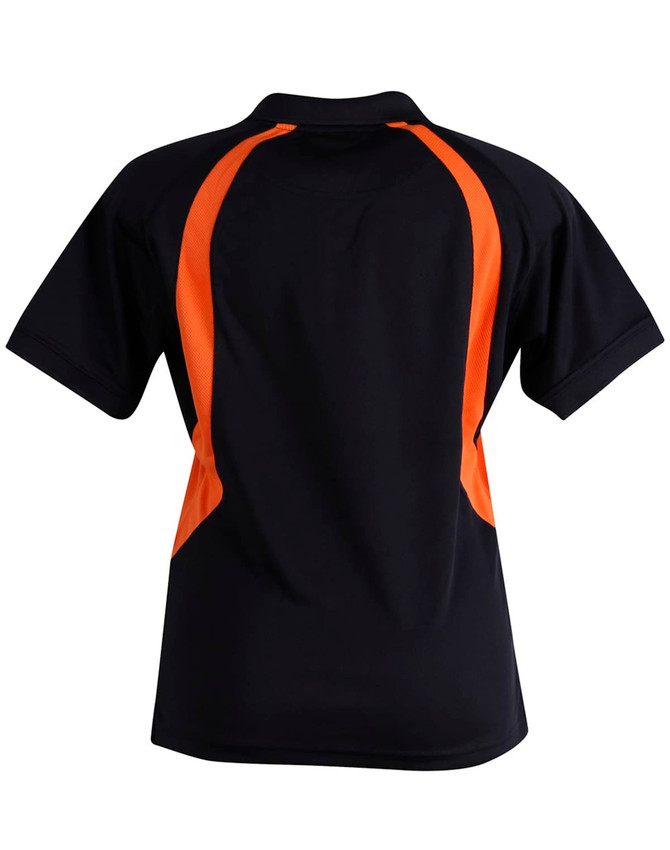 A black polo shirt featuring orange accents on the sides and a collar. The back view is displayed.