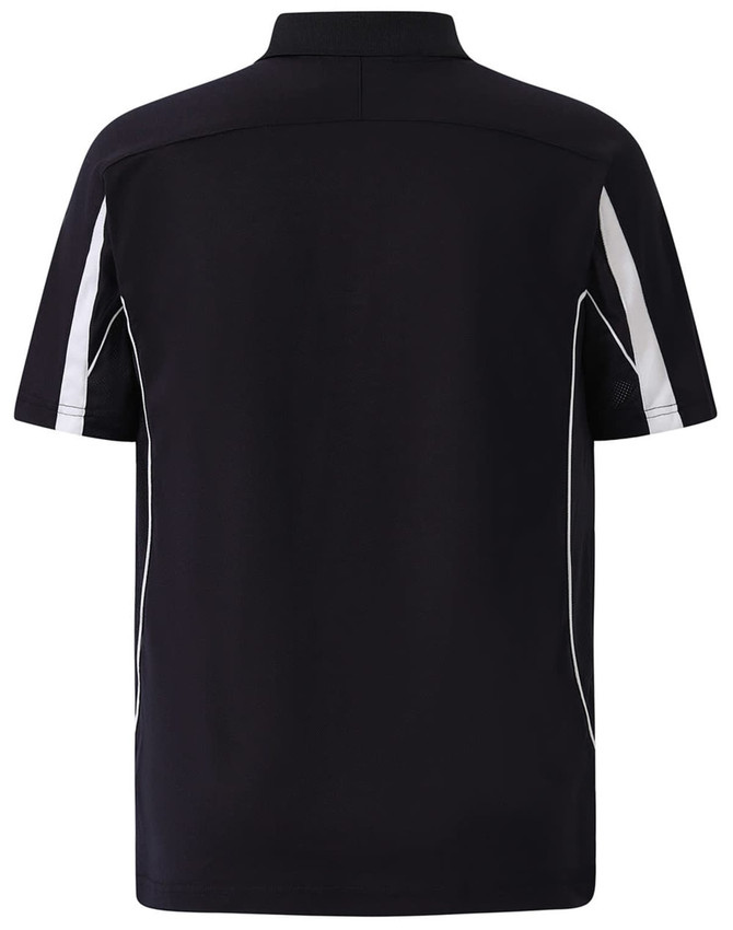 A navy polo shirt featuring a collar and white side accents. Includes a branding logo on the back.