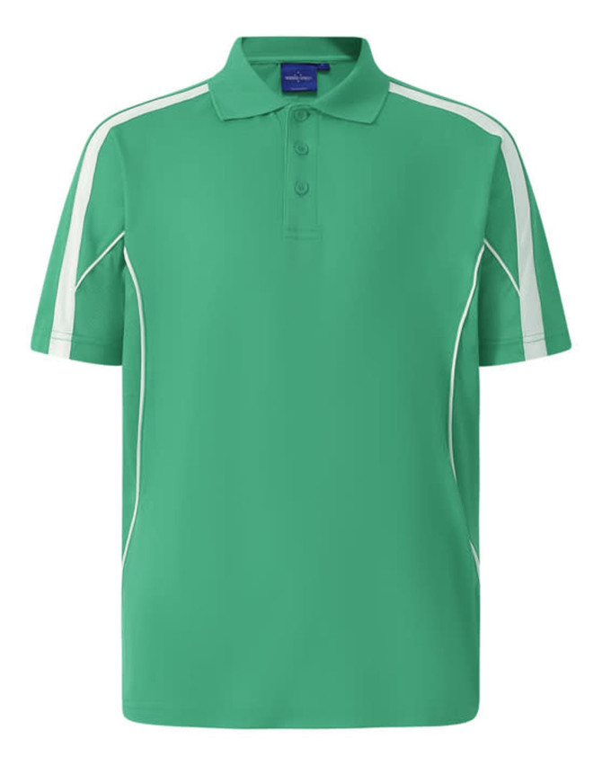 A green polo shirt featuring white accents on the sleeves and a collar. It has a logo on the chest.