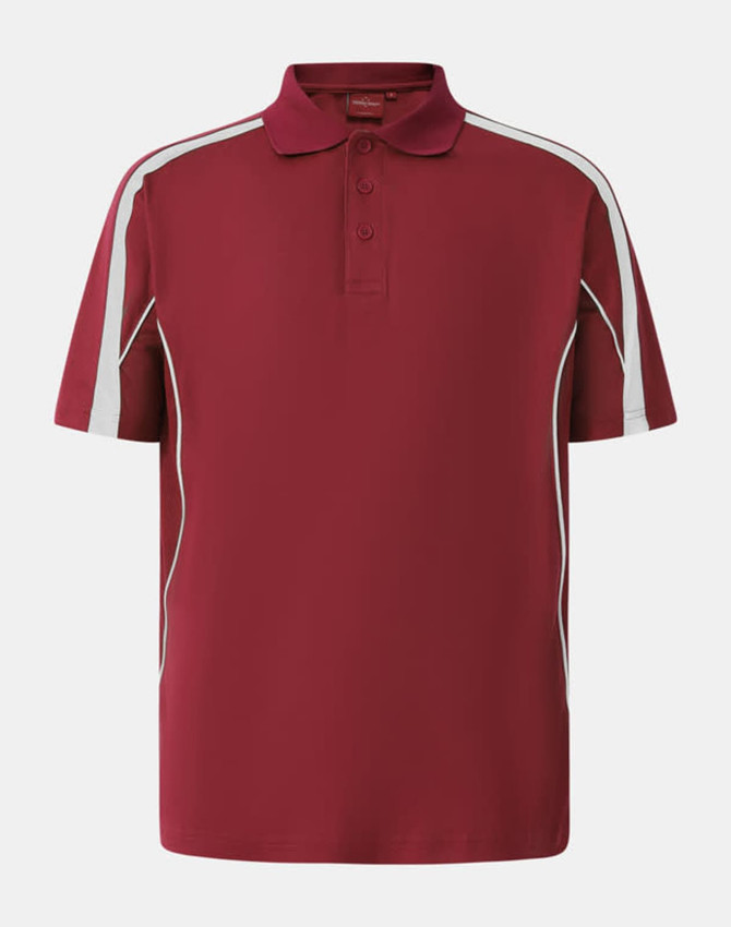 A maroon polo shirt featuring white stripes and a logo. It has a classic collar and short sleeves.