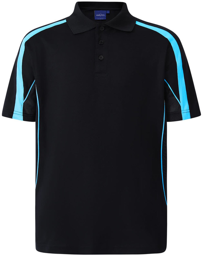 A navy blue polo shirt featuring turquoise accents and a logo on the chest area. Short sleeves and a classic collar.