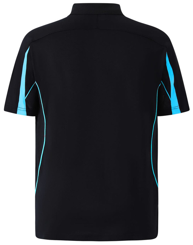A men's polo shirt featuring a navy blue base with turquoise accents and a collar. Includes a brand logo.
