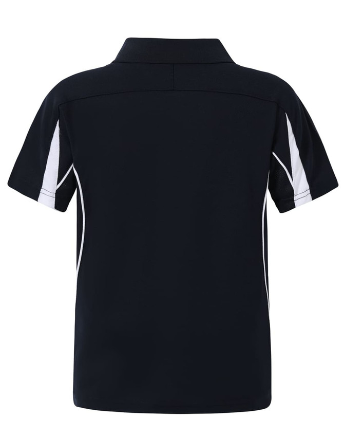 A navy polo shirt with white detailing, featuring a collar and short sleeves, and a logo on the back.