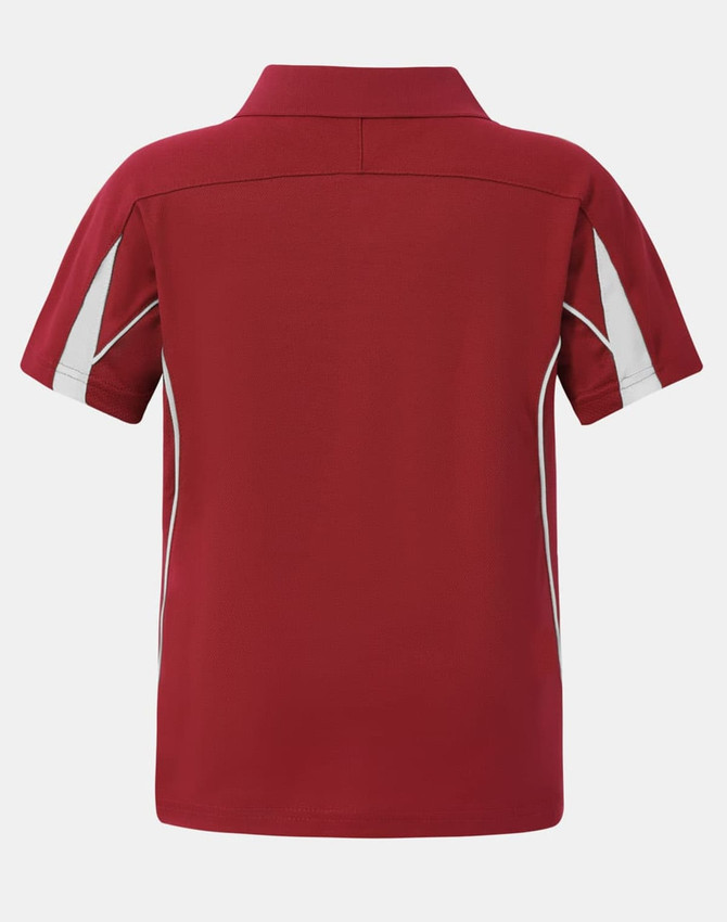A red kids' short-sleeve polo shirt featuring white side panels and a collar. The shirt has a logo.