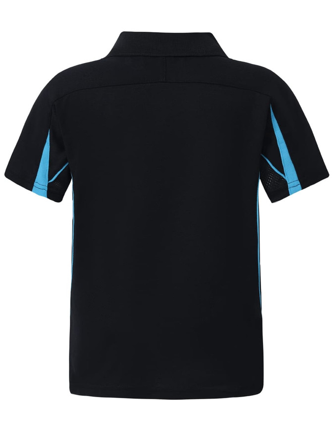 A black kids' polo shirt featuring light blue accents and a collar. It has a logo on one side.