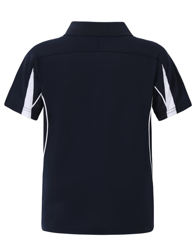A navy blue kids' short sleeve polo shirt featuring white accents and a logo.