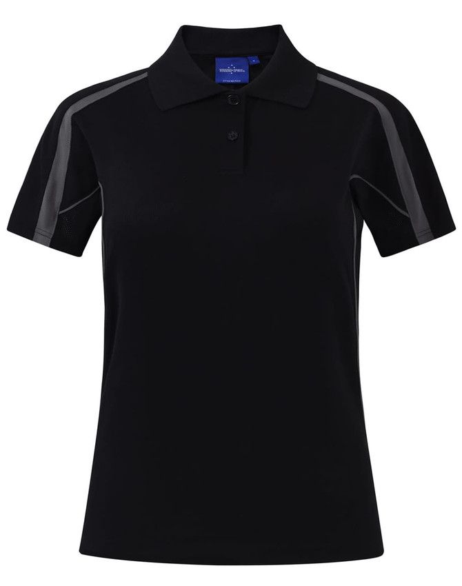 A dark brown short sleeve polo shirt featuring grey accents and a collar. It has a logo on the chest area.