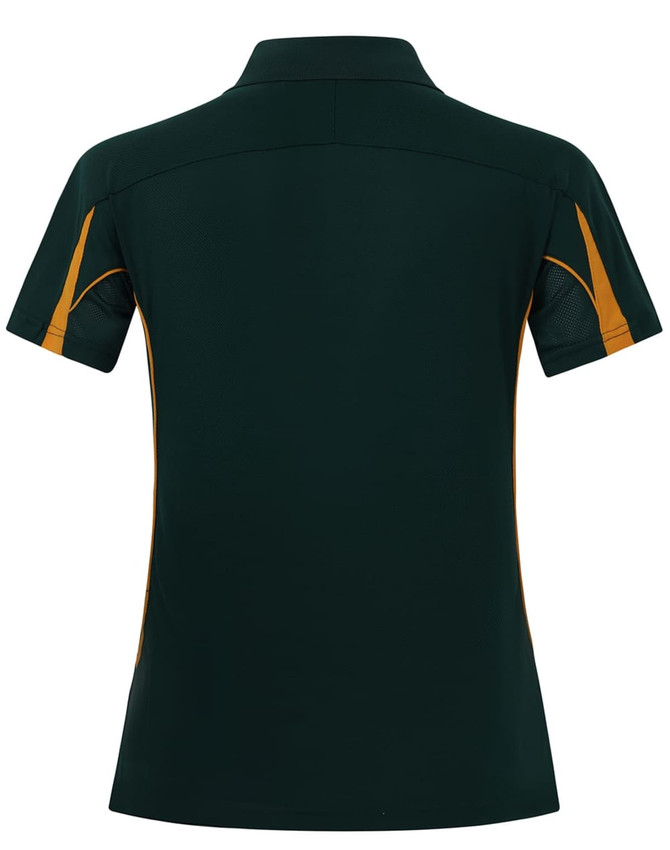 A green and gold short sleeve polo shirt featuring a logo, designed for women.