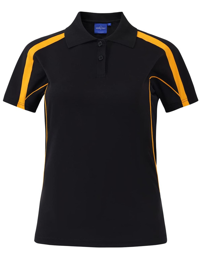 A black and yellow short sleeve polo shirt with a branded logo on the front and contrasting side panels.