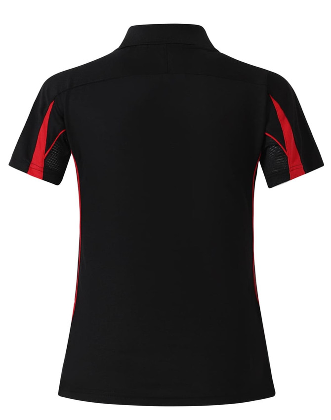 A black short sleeve polo shirt with red accents and a logo on the collar.