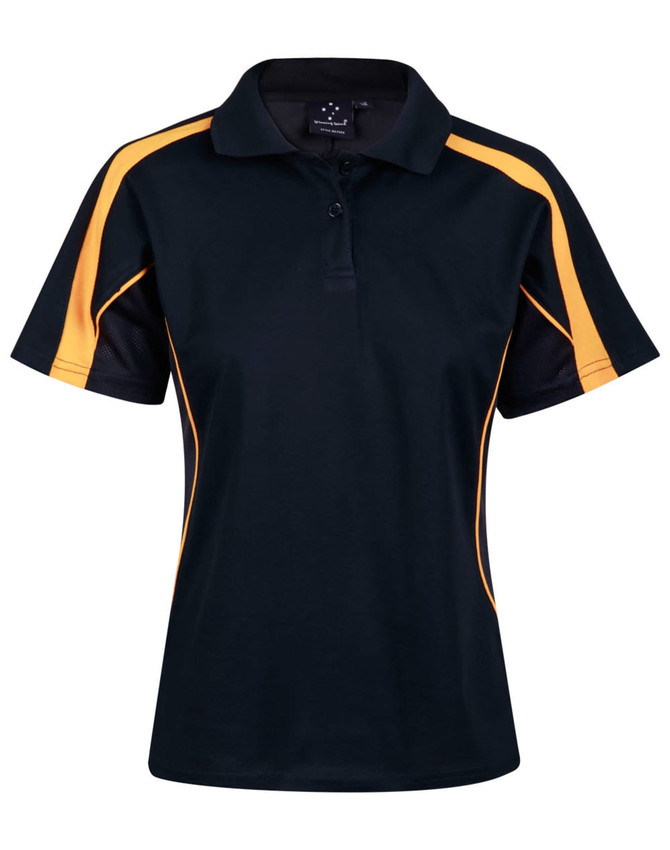 A black short sleeve polo shirt with orange side panels and a logo on the collar.