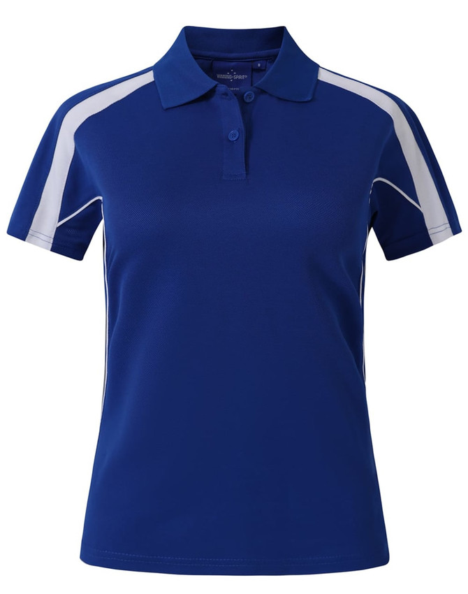 A blue polo shirt with white accents and a logo, featuring a classic collar and short sleeves.