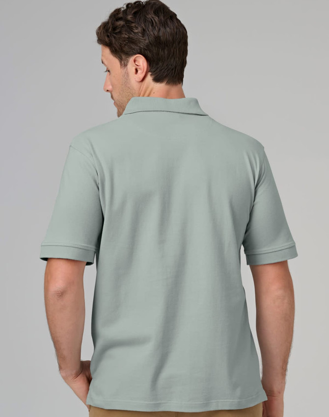 A men's cotton stretch polo shirt in a muted green colour, featuring a back view and a logo.
