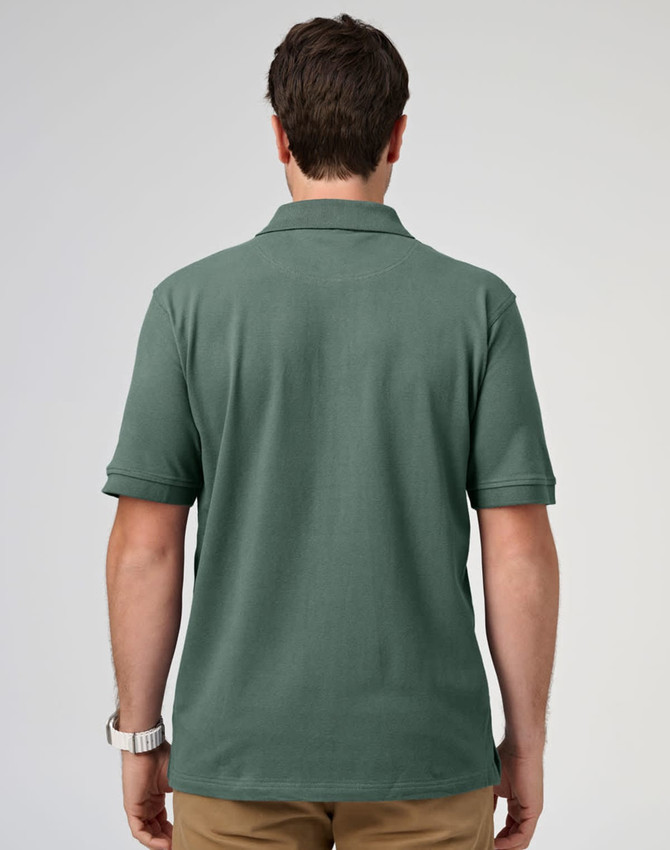 A men's cotton stretch polo in a green hue, featuring a classic polo collar and short sleeves, with a logo.